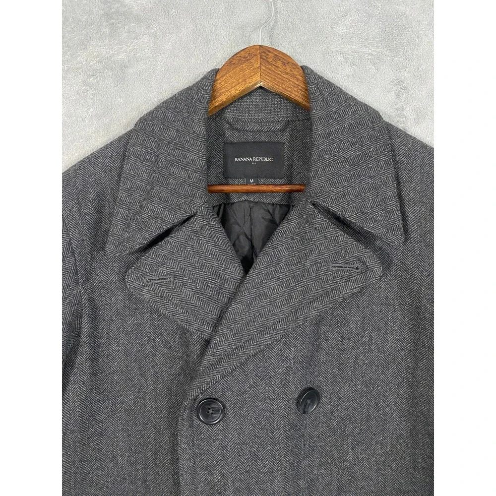 Banana Republic Peacoat Sz M Grey Wool Blend Herringbone Double Breasted Preppy